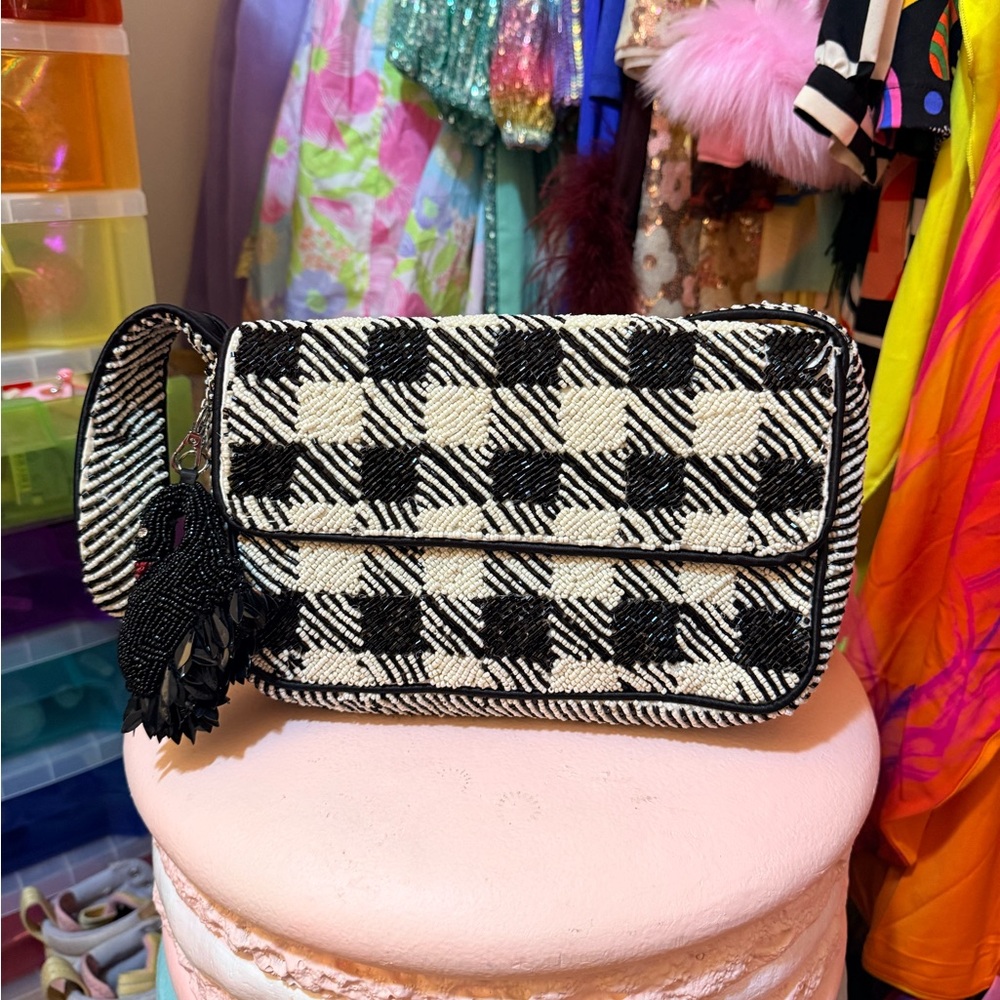 Black and White Checkered beaded houndstooth Women Bag
